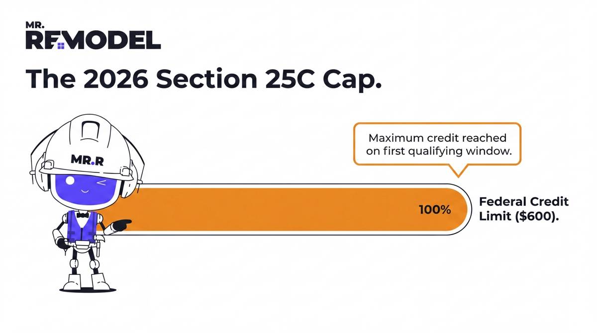 An incentive-tracking infographic showing that a single high-efficiency window purchase maximizes the annual $600 Section 25C federal tax credit.